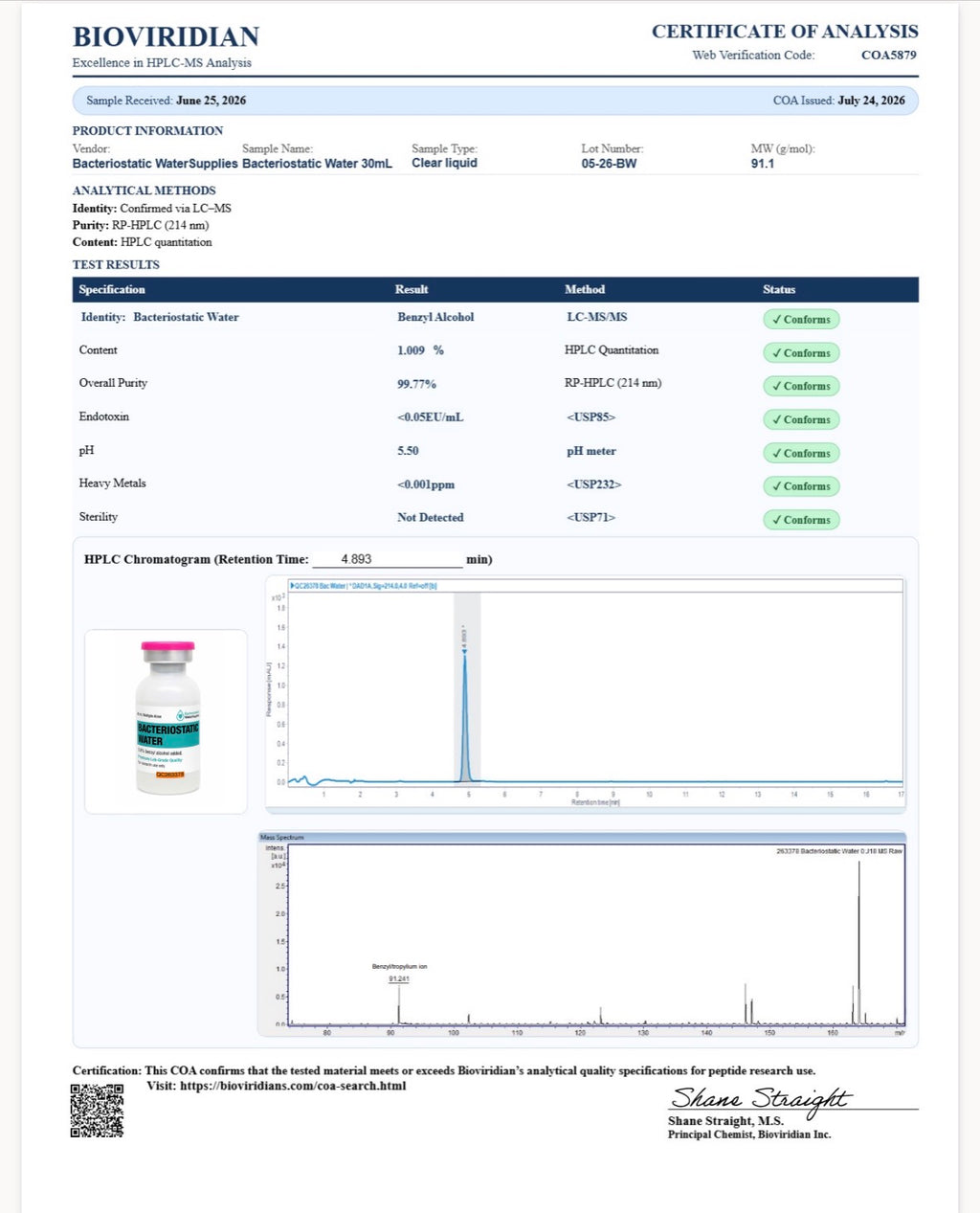 30 ML Bacteriostatic Water PLASTIC VIAL (COA VERIFIED)